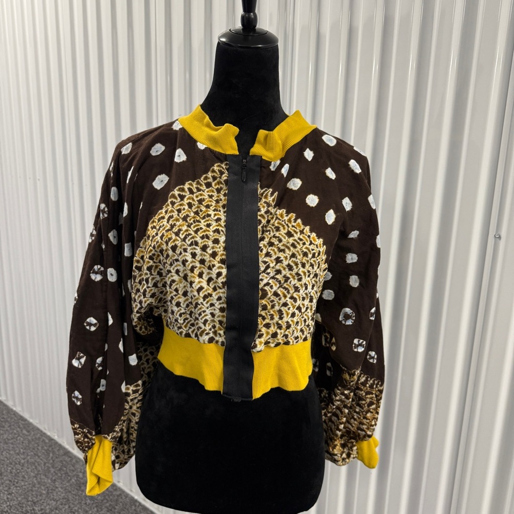 Linda Loudermilk Women’s Brown and Gold Pattern Long Sleeve Blouse Size 6